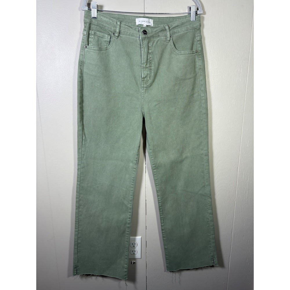 Risen Jeans Sage Green High Rise Straight Leg Raw Hem Pants Size 15 32x29